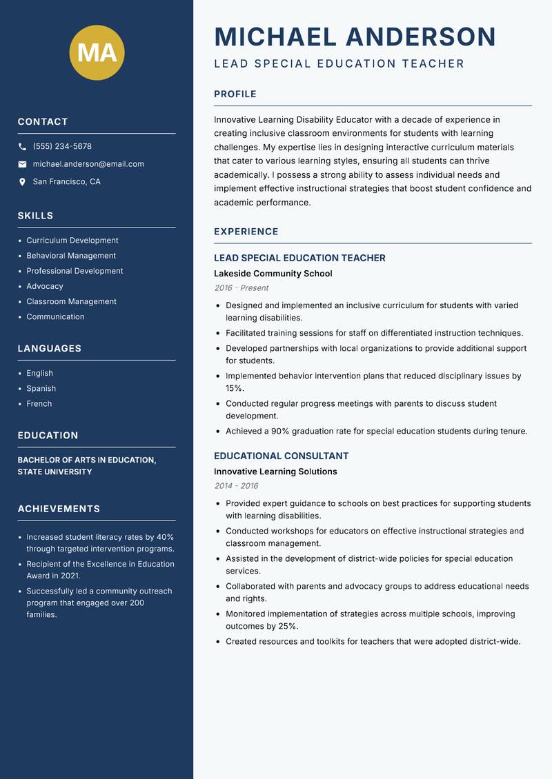 Learning Disability Educator resume template — Classic Clean