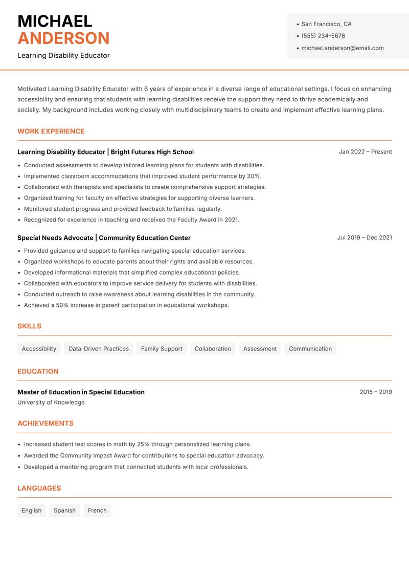 Learning Disability Educator resume template — Modern Professional