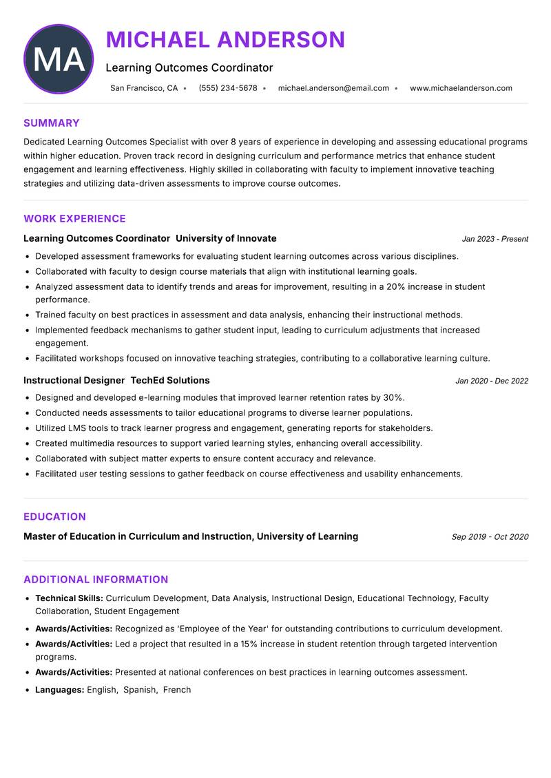 Learning Outcomes Specialist resume example — ATS-friendly template