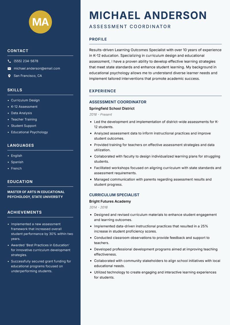 Learning Outcomes Specialist resume template — Classic Clean