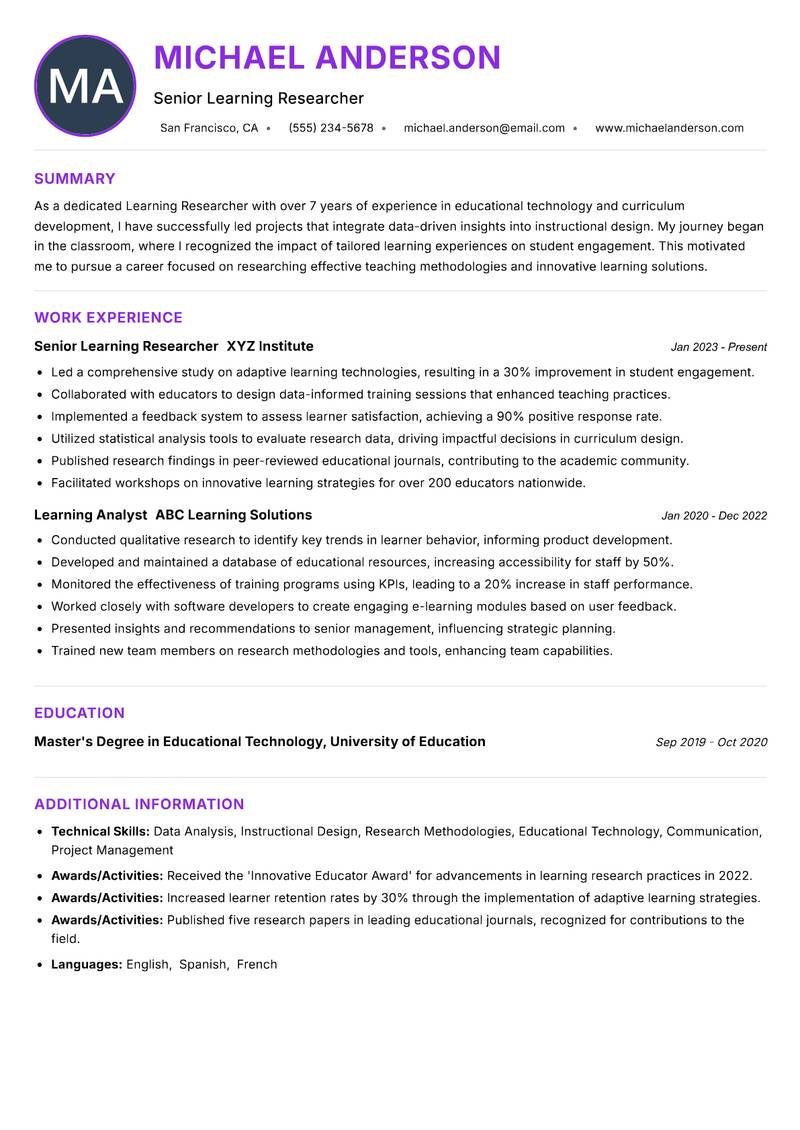 Learning Researcher resume example — ATS-friendly template
