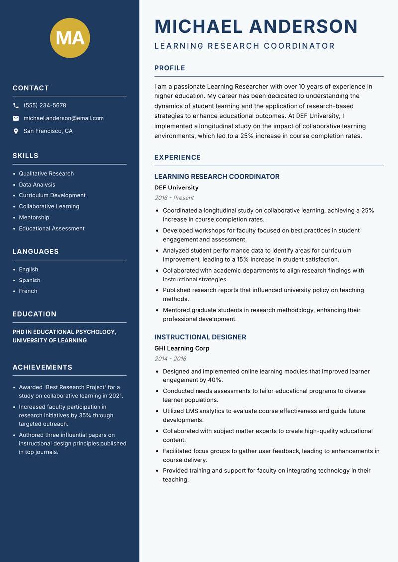 Learning Researcher resume template — Classic Clean