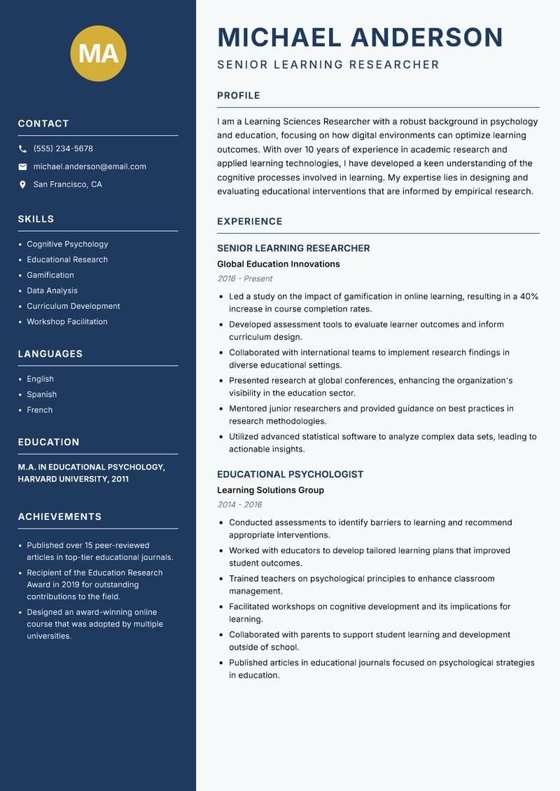 Learning Sciences Researcher resume template — Classic Clean