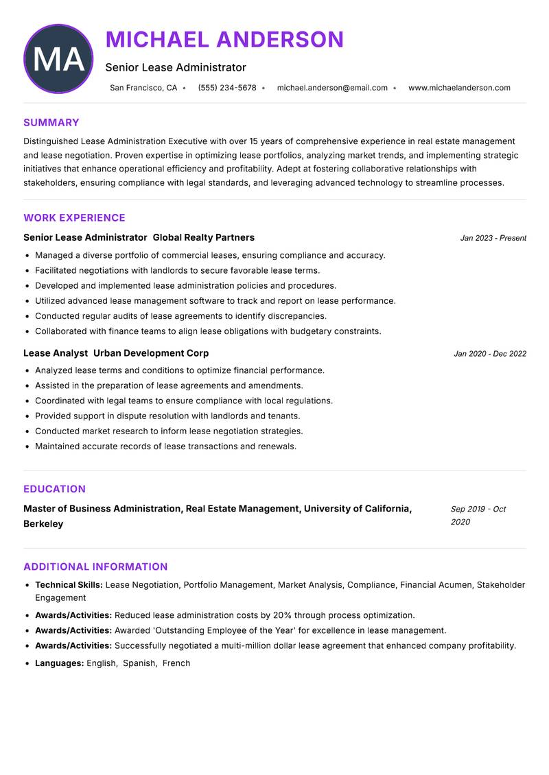 Lease Administration Executive resume example — ATS-friendly template