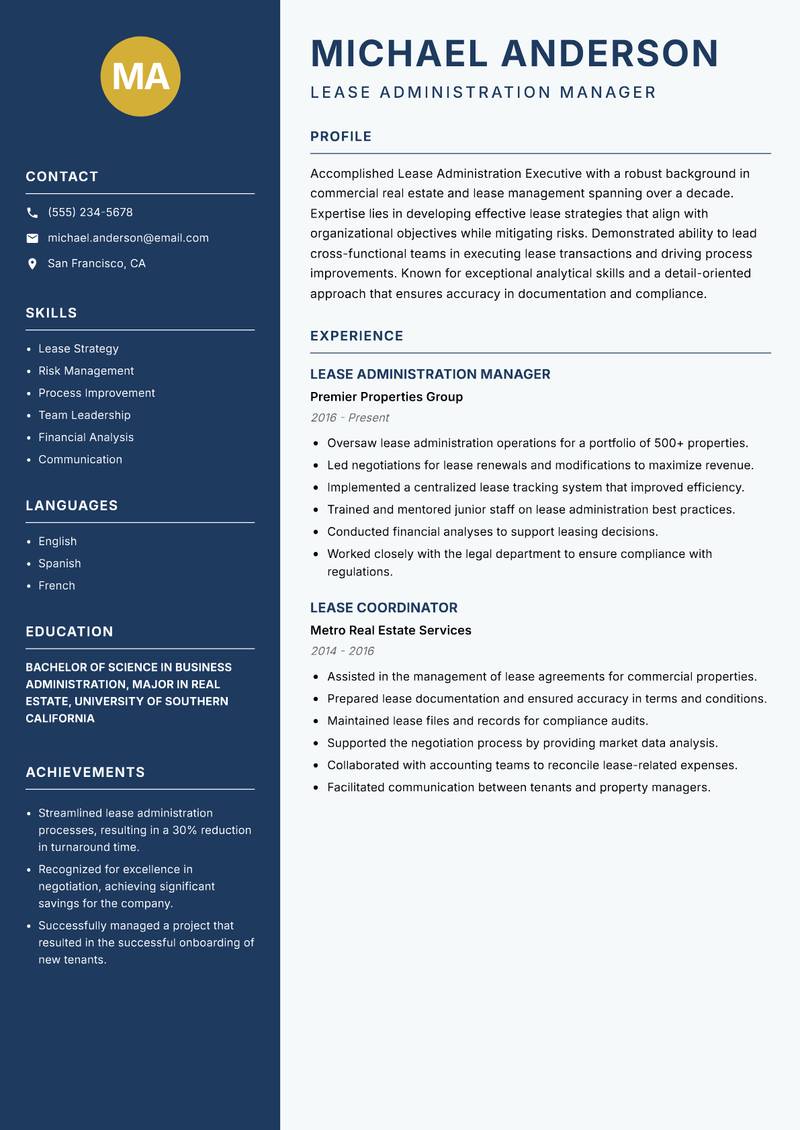 Lease Administration Executive resume template — Classic Clean