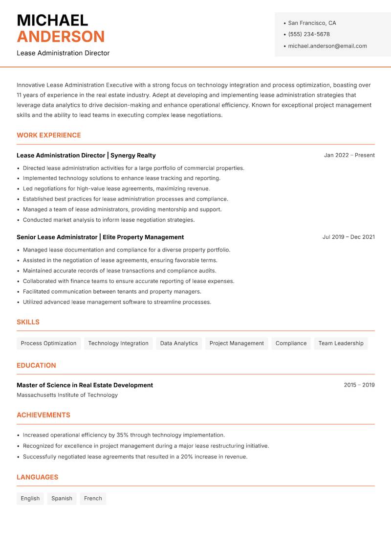 Lease Administration Executive resume template — Modern Professional