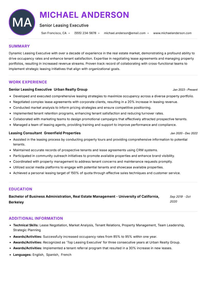 Leasing Executive resume example — ATS-friendly template