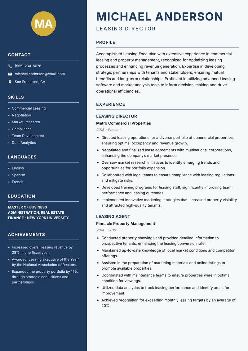 Leasing Executive resume template — Classic Clean