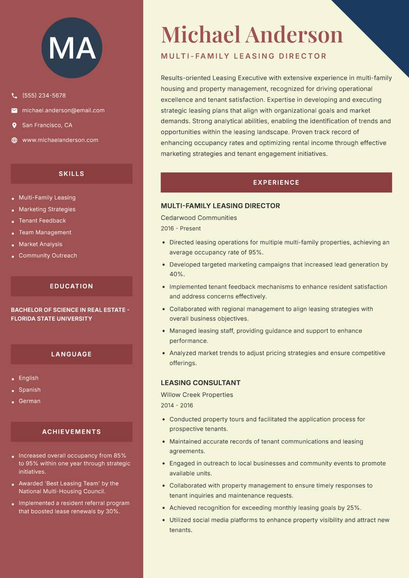 Leasing Executive resume template — Two Column