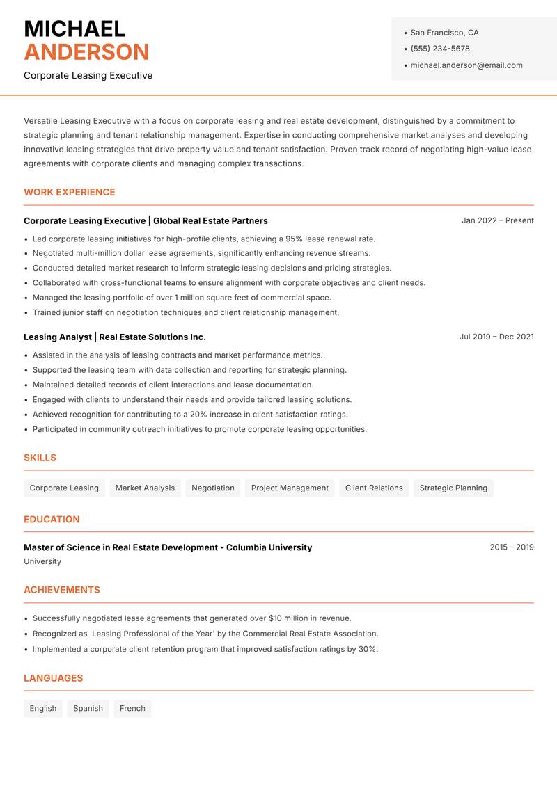 Leasing Executive resume template — Modern Professional