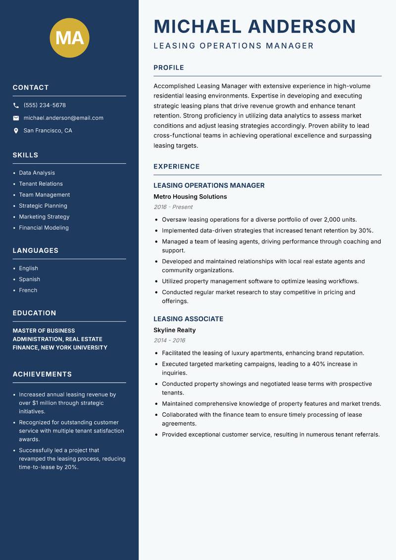 Leasing Manager resume template — Classic Clean