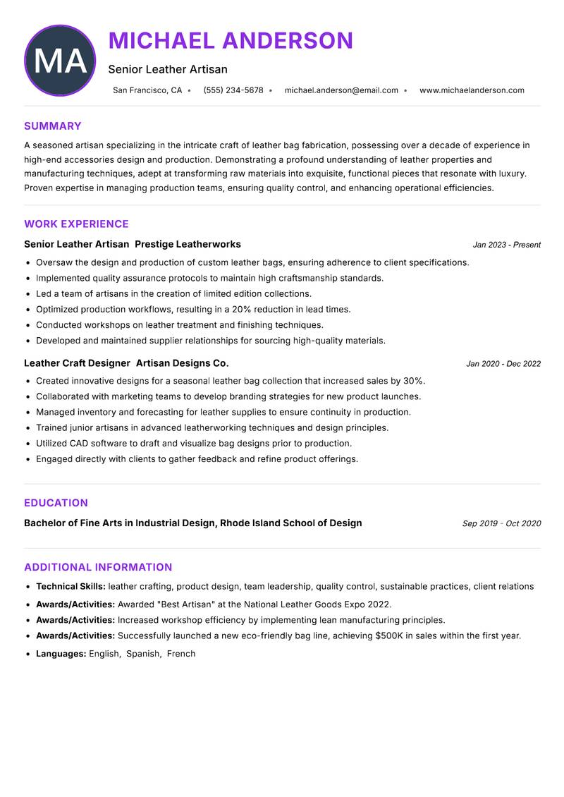 Leather Bag Maker resume example — ATS-friendly template