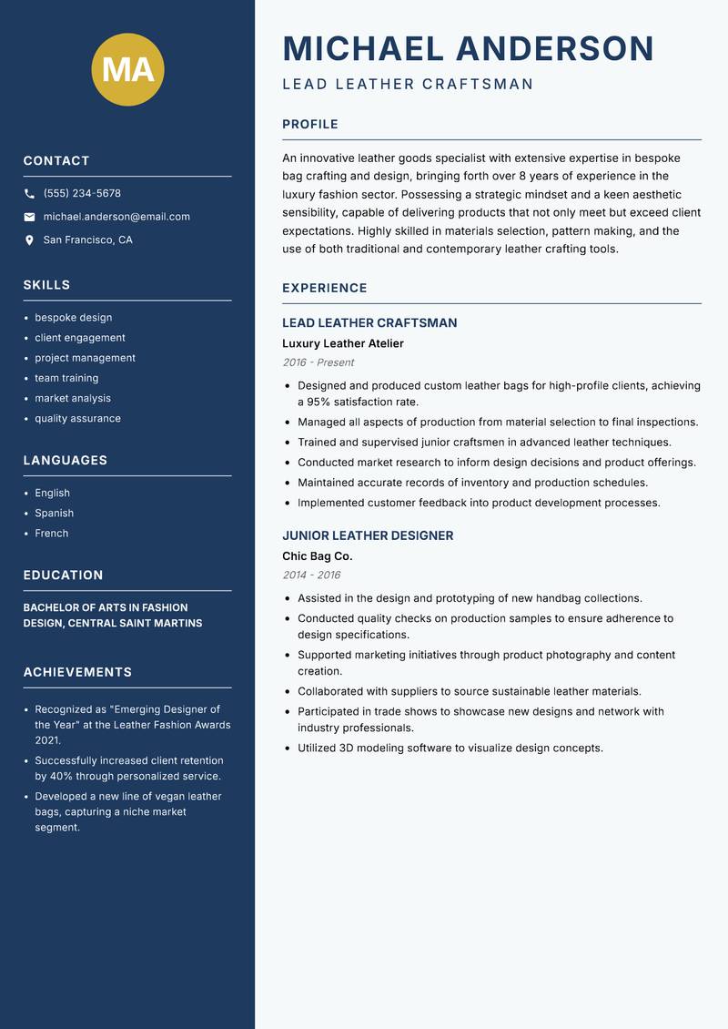 Leather Bag Maker resume template — Classic Clean