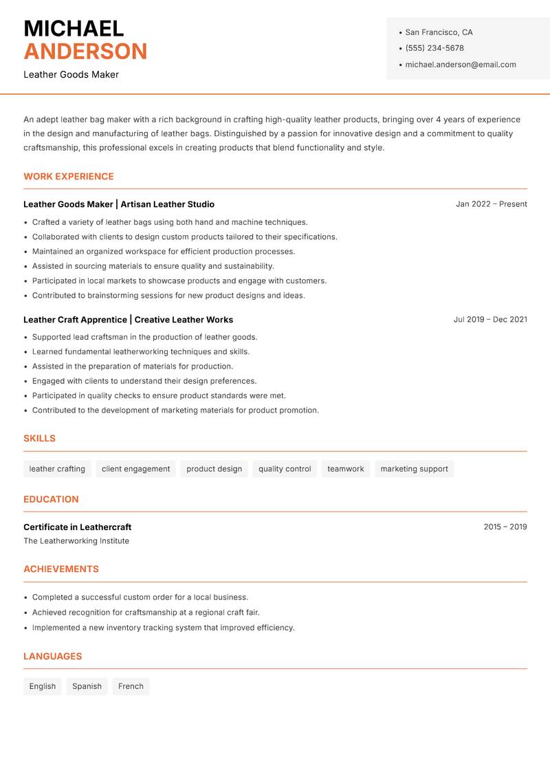Leather Bag Maker resume template — Modern Professional