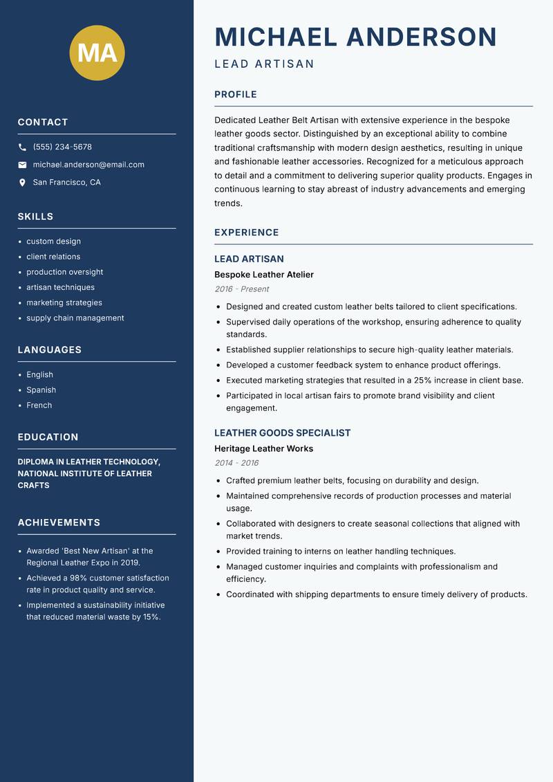 Leather Belt Maker resume template — Classic Clean