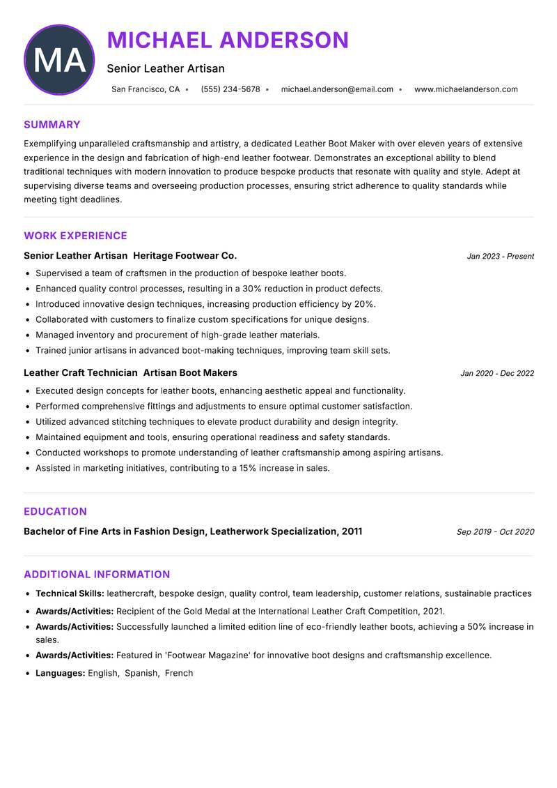 Leather Boot Maker resume example — ATS-friendly template