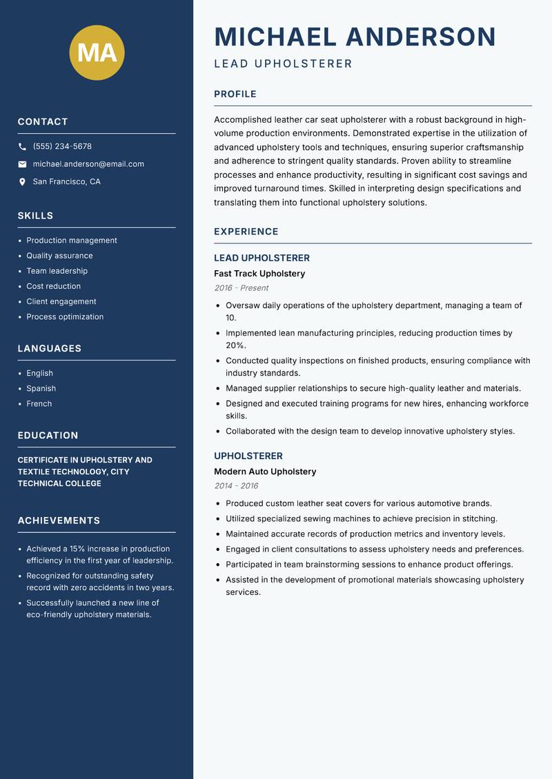 Leather Car Seat Upholsterer resume template — Classic Clean