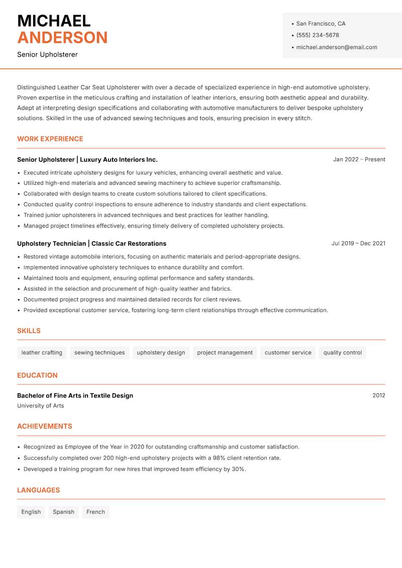 Leather Car Seat Upholsterer resume template — Modern Professional