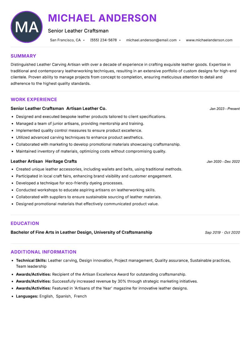 Leather Carving Artisan resume example — ATS-friendly template