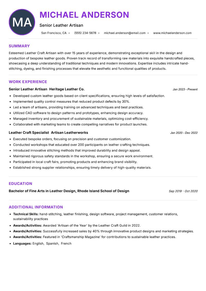 Leather Craft Artisan resume example — ATS-friendly template