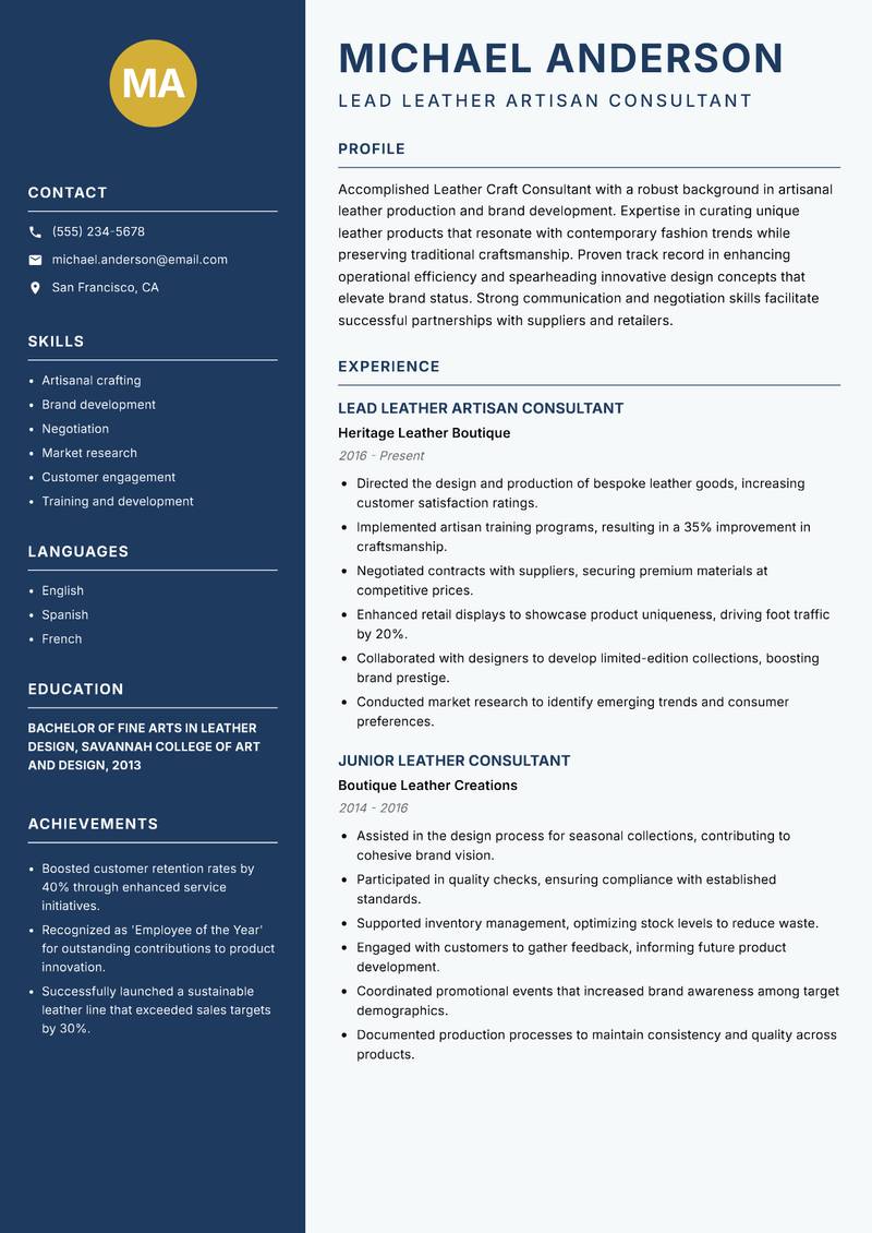 Leather Craft Consultant resume template — Classic Clean