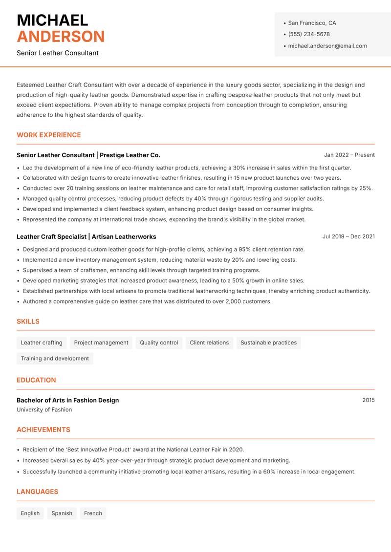 Leather Craft Consultant resume template — Modern Professional