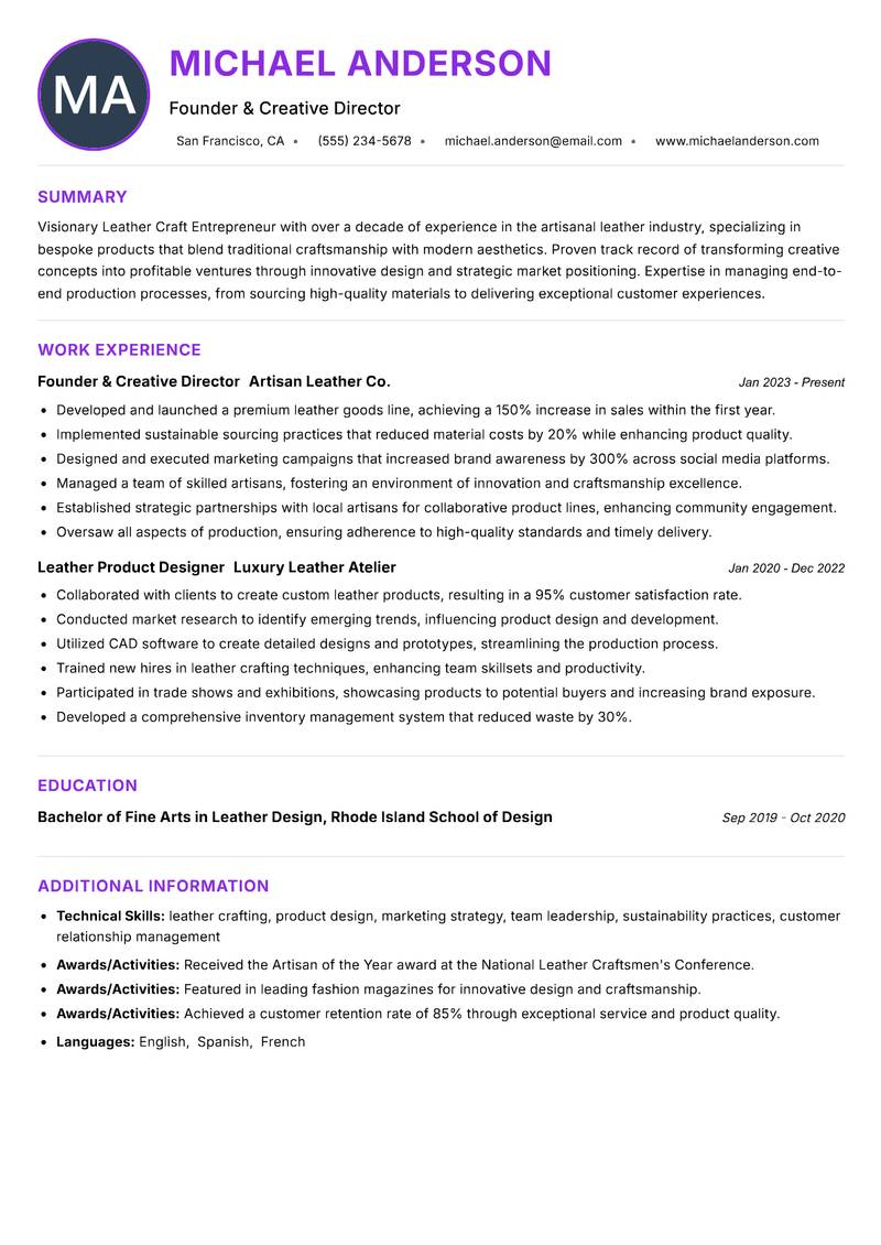 Leather Craft Entrepreneur resume example — ATS-friendly template