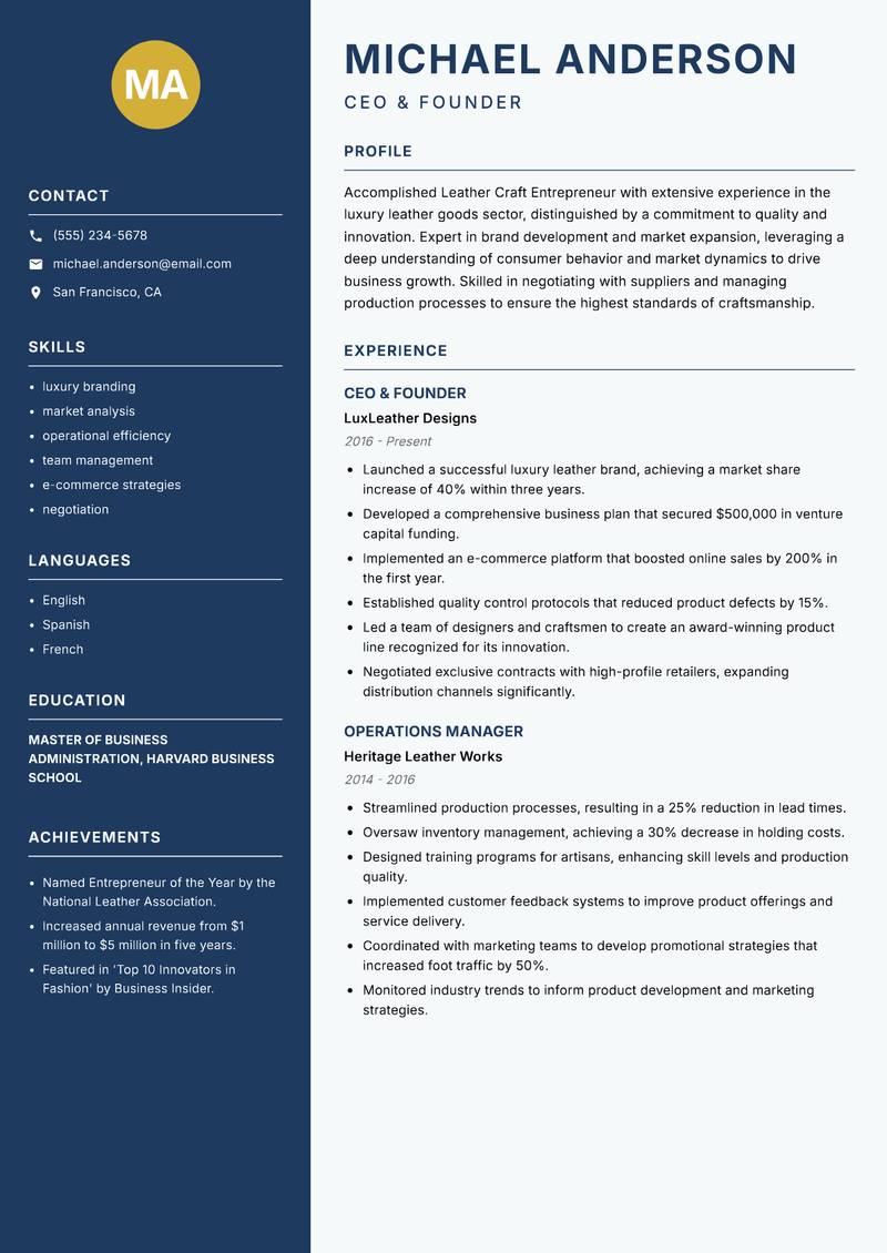 Leather Craft Entrepreneur resume template — Classic Clean