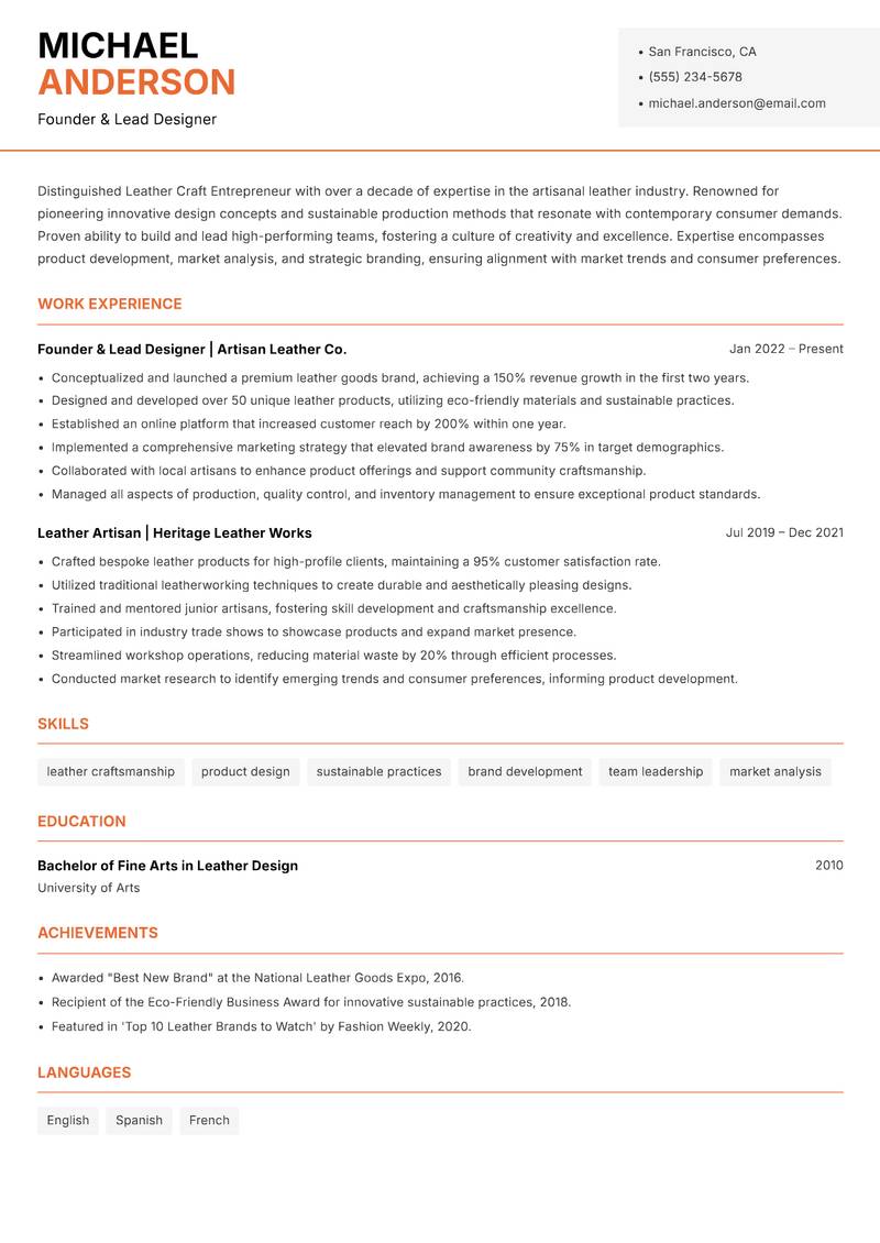 Leather Craft Entrepreneur resume template — Modern Professional