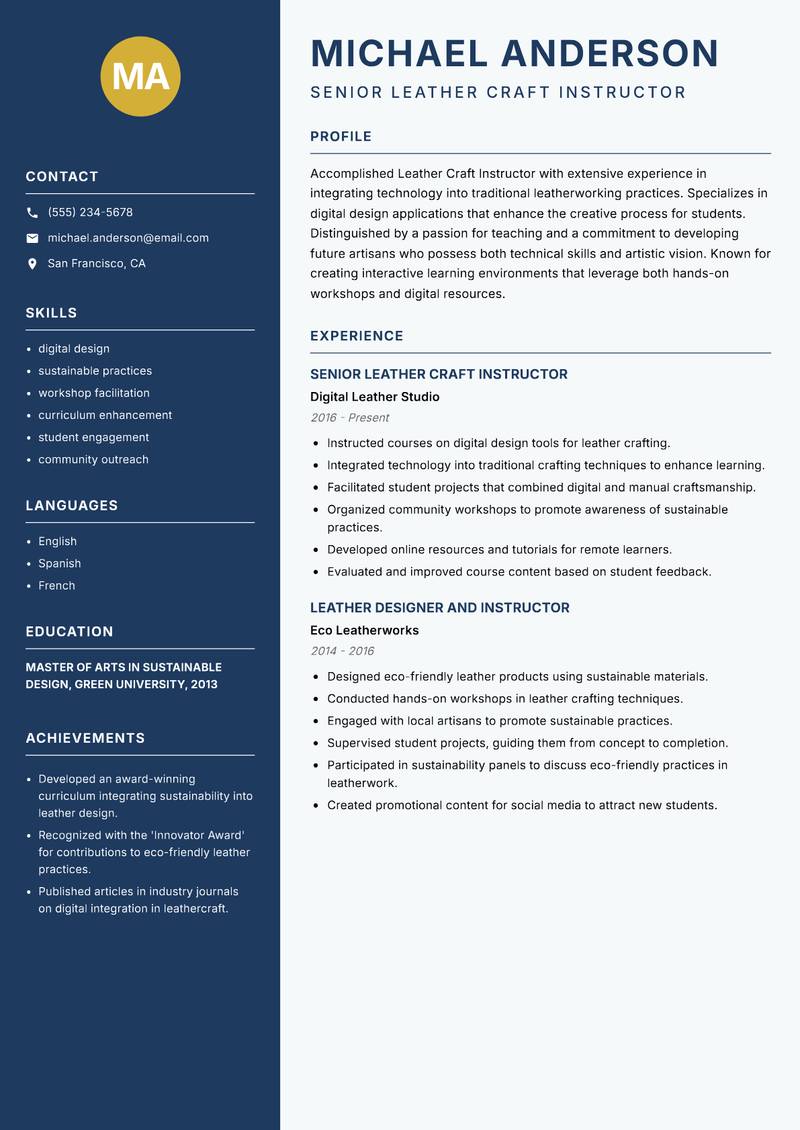 Leather Craft Instructor resume template — Classic Clean