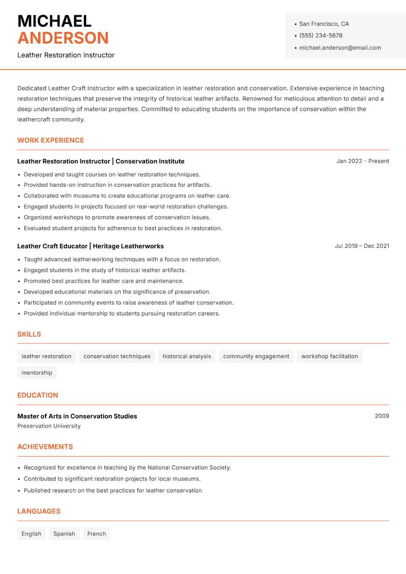 Leather Craft Instructor resume template — Modern Professional