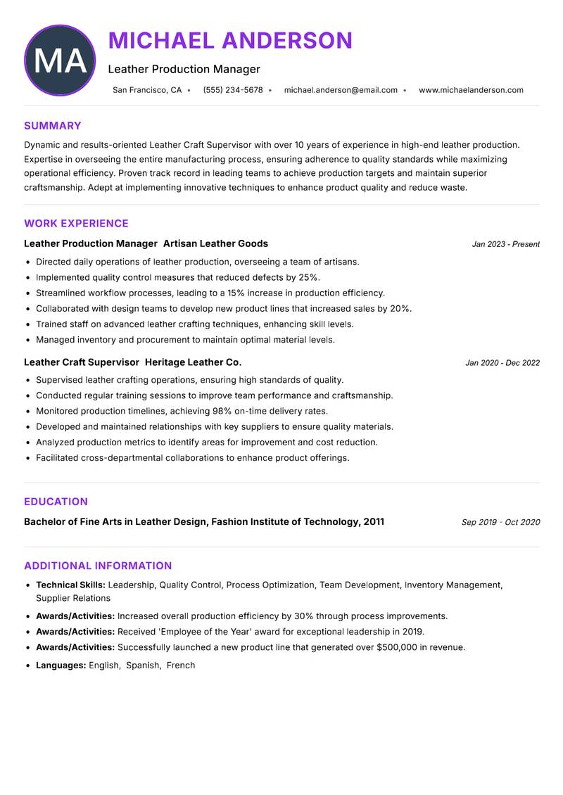 Leather Craft Supervisor resume example — ATS-friendly template