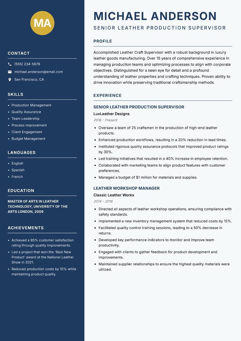 Leather Craft Supervisor resume template — Classic Clean