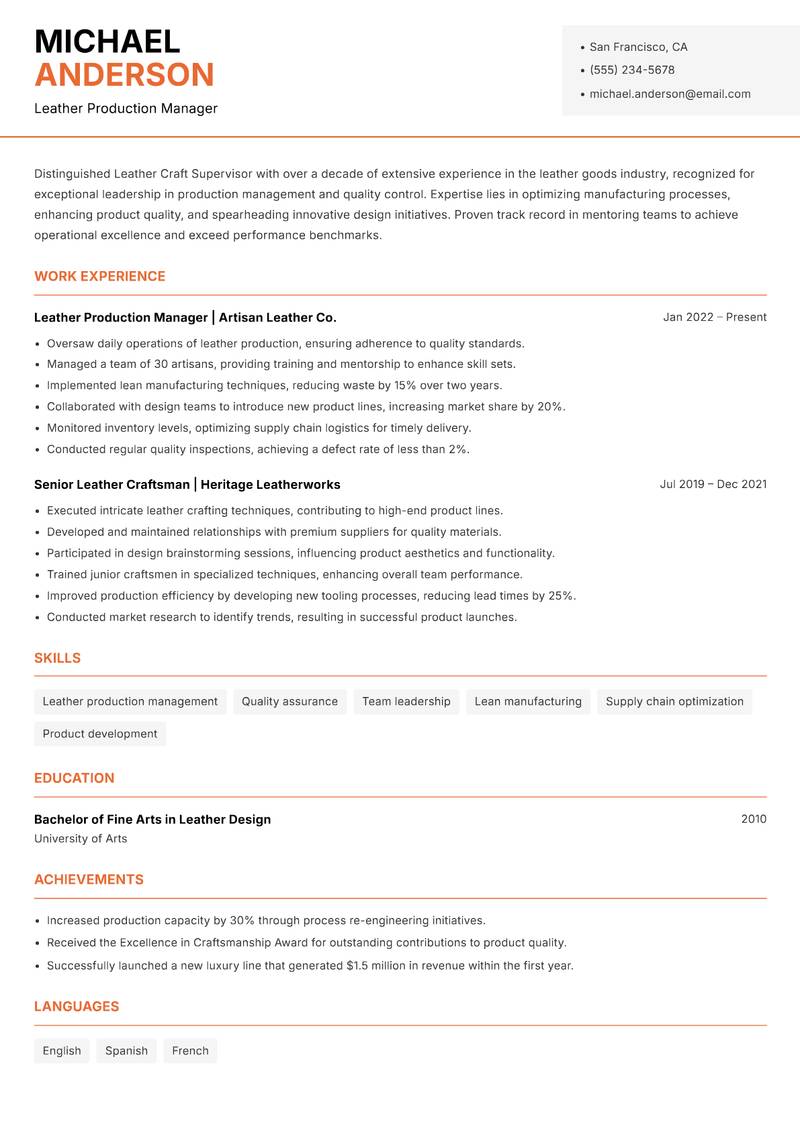 Leather Craft Supervisor resume template — Modern Professional