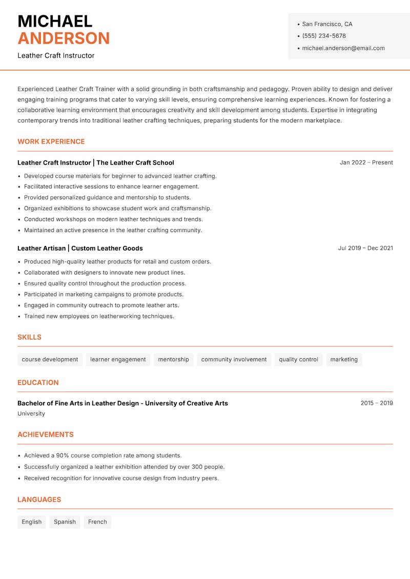 Leather Craft Trainer resume template — Modern Professional