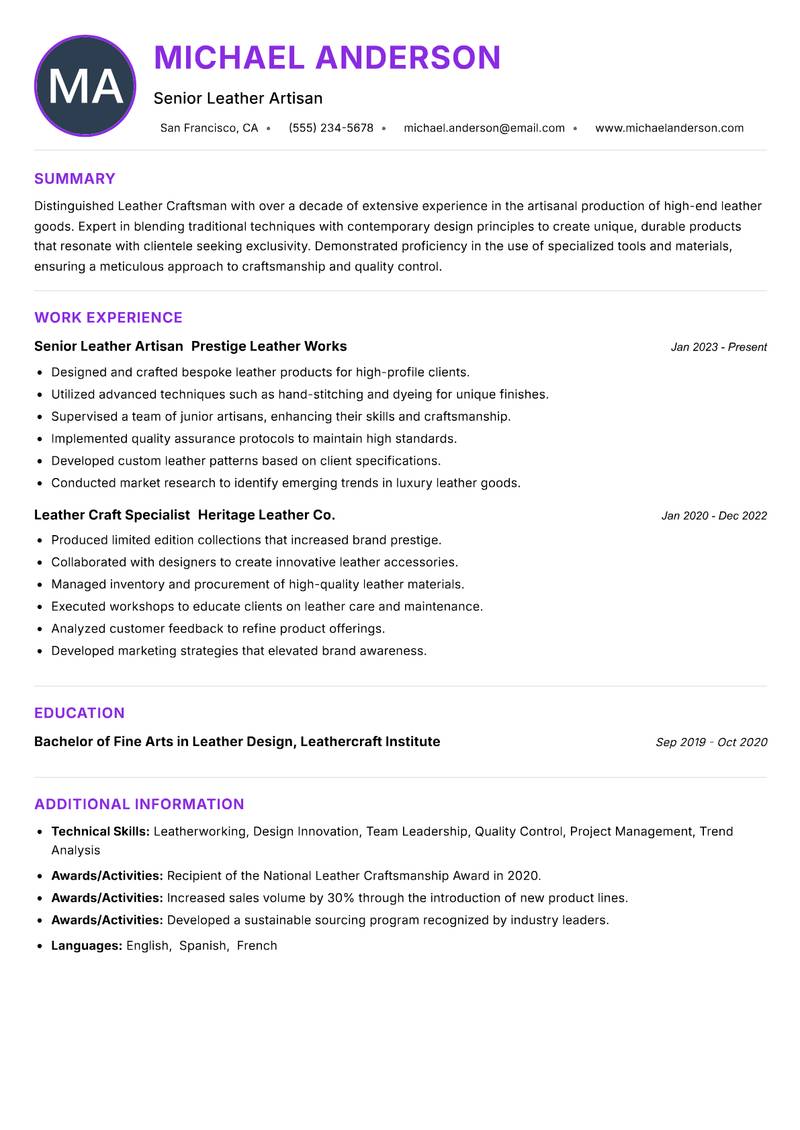 Leather Craftsman resume example — ATS-friendly template