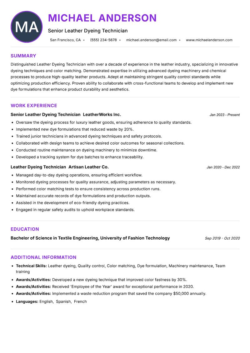 Leather Dyeing Technician resume example — ATS-friendly template