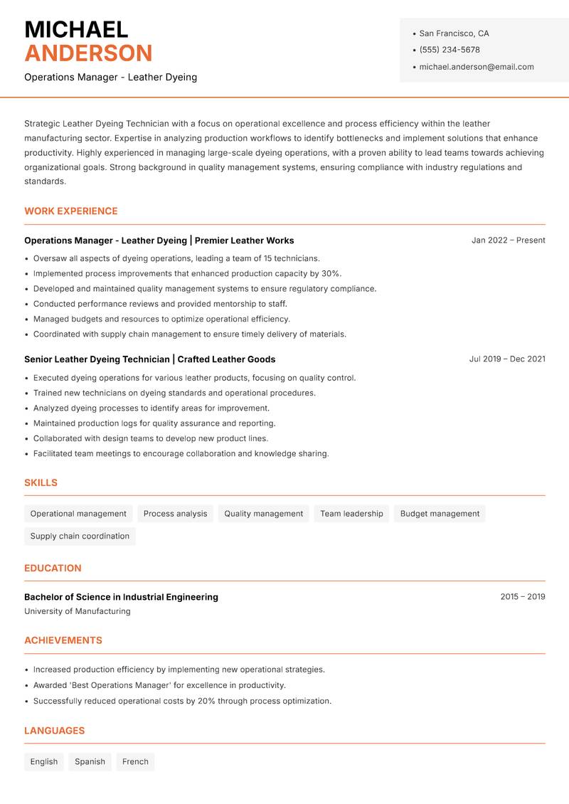 Leather Dyeing Technician resume template — Modern Professional