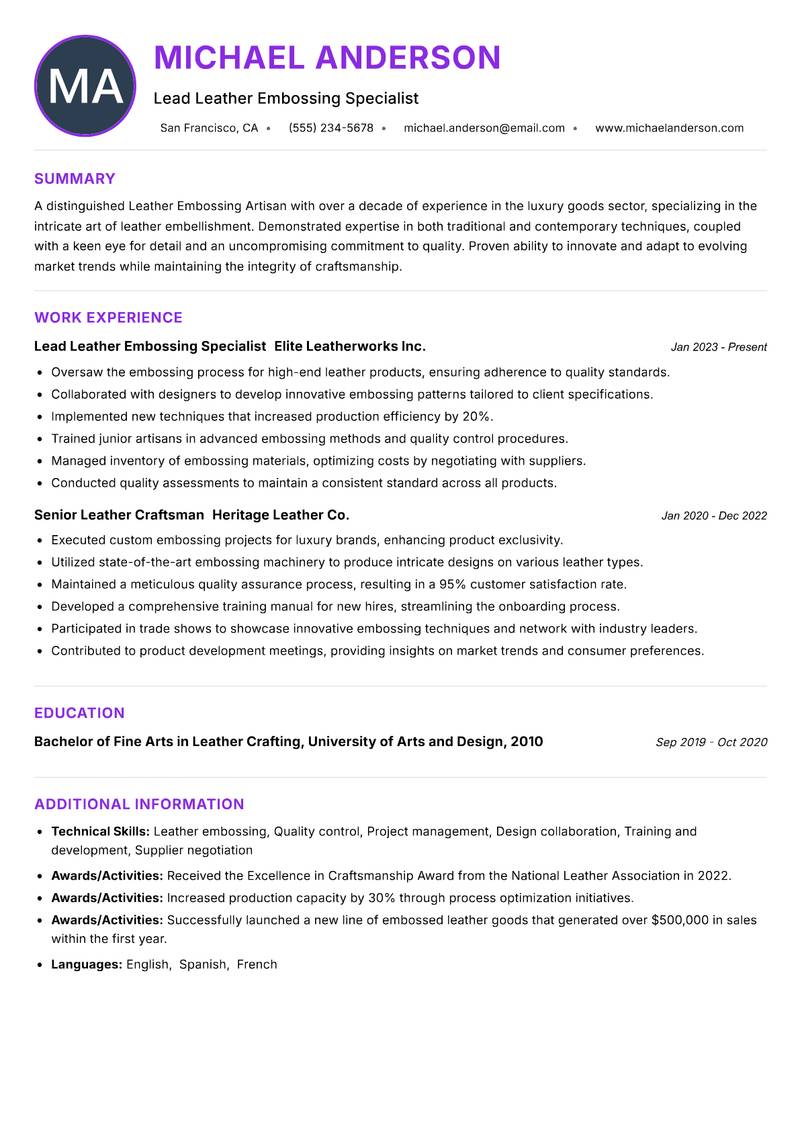 Leather Embossing Artisan resume example — ATS-friendly template