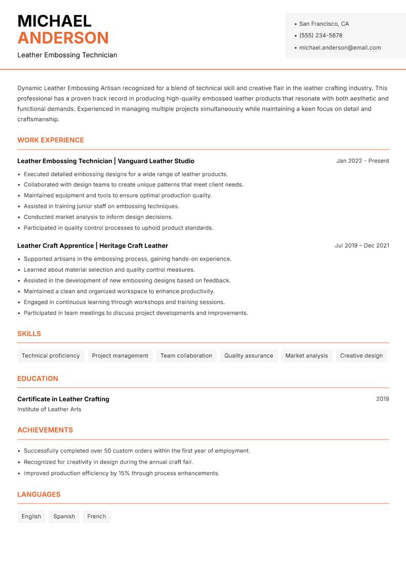Leather Embossing Artisan resume template — Modern Professional