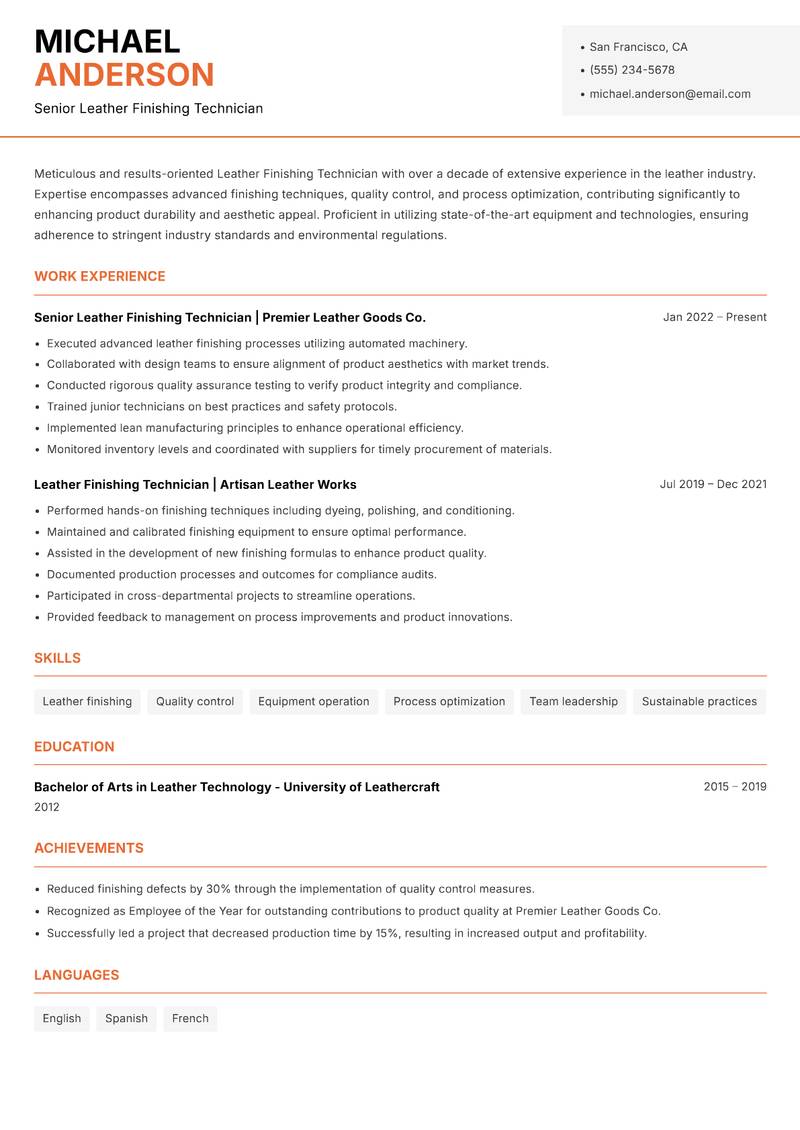 Leather Finishing Technician resume template — Modern Professional