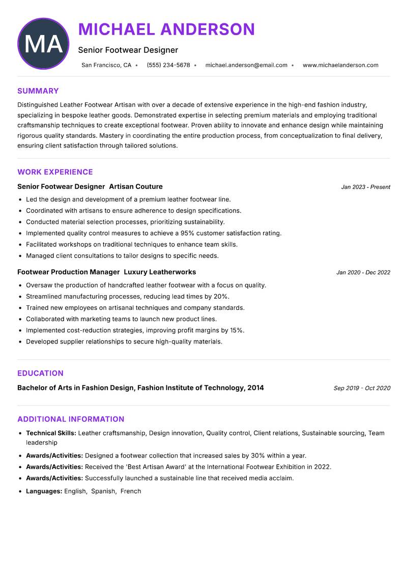 Leather Footwear Artisan resume example — ATS-friendly template