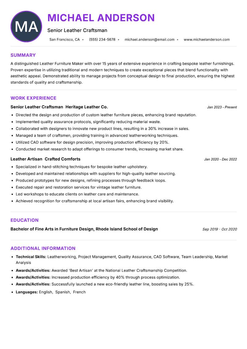 Leather Furniture Maker resume example — ATS-friendly template