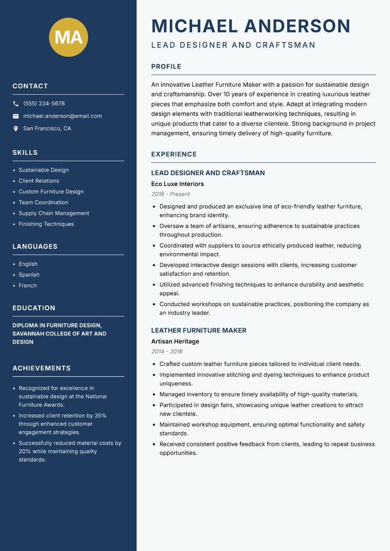 Leather Furniture Maker resume template — Classic Clean