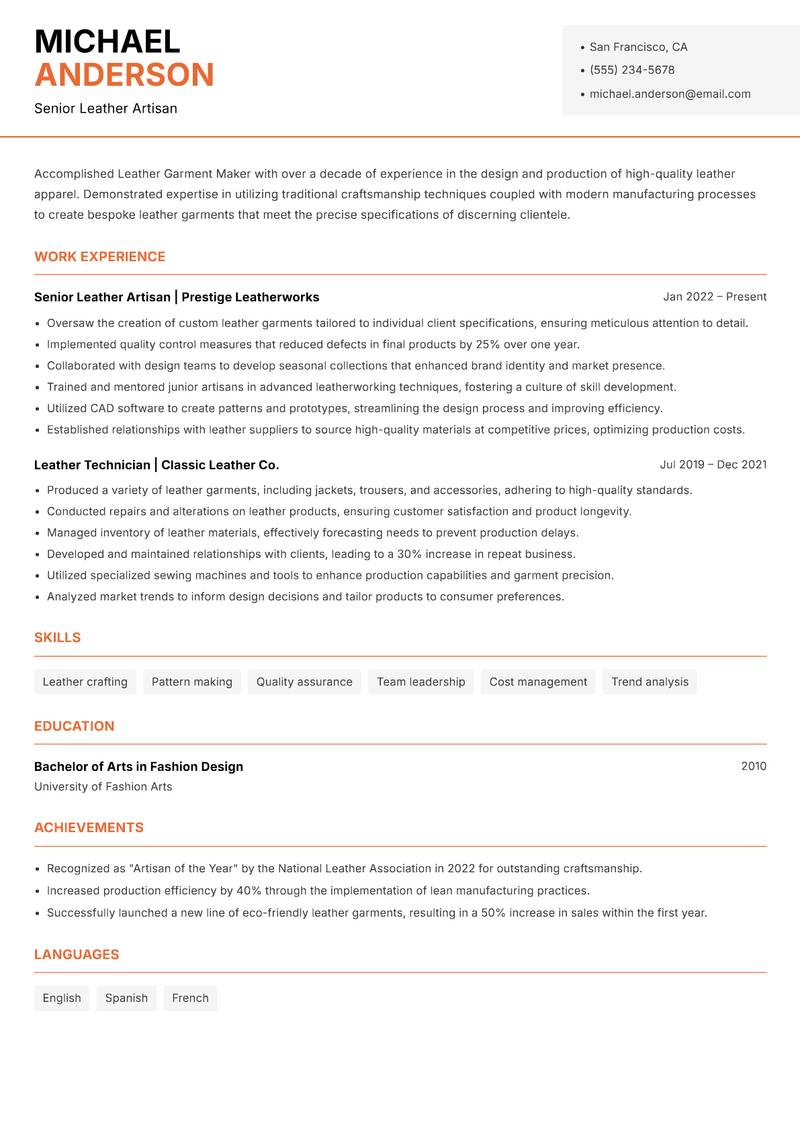 Leather Garment Maker resume template — Modern Professional
