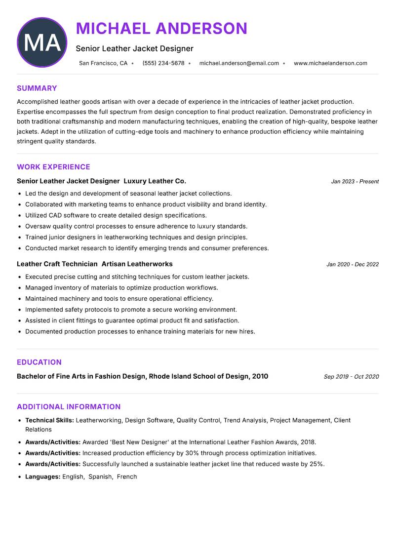 Leather Jacket Maker resume example — ATS-friendly template