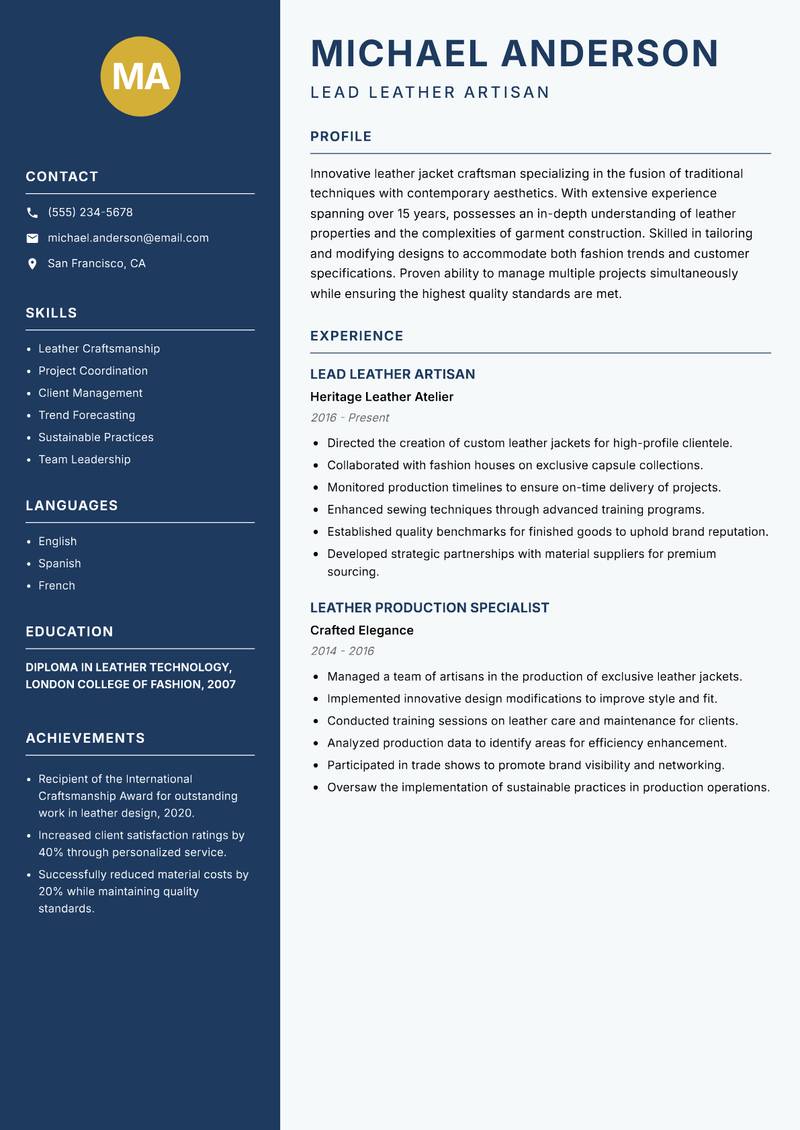 Leather Jacket Maker resume template — Classic Clean