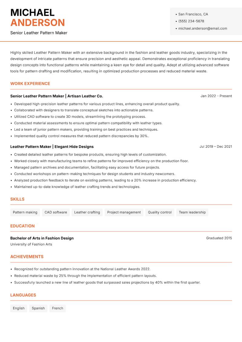 Leather Pattern Maker resume template — Modern Professional