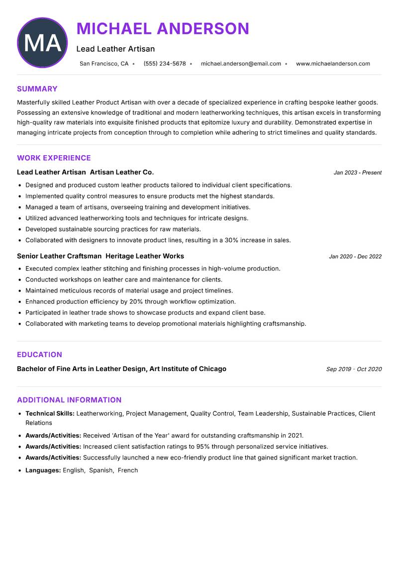 Leather Product Artisan resume example — ATS-friendly template