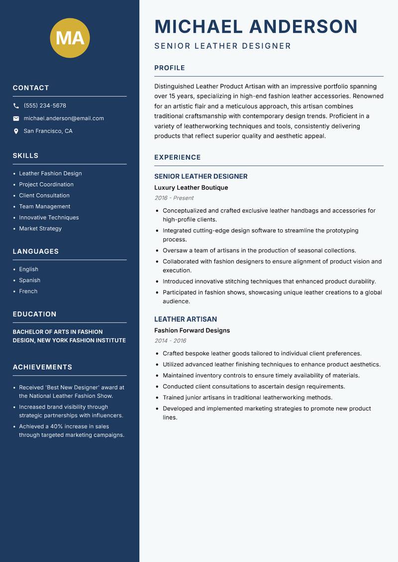Leather Product Artisan resume template — Classic Clean